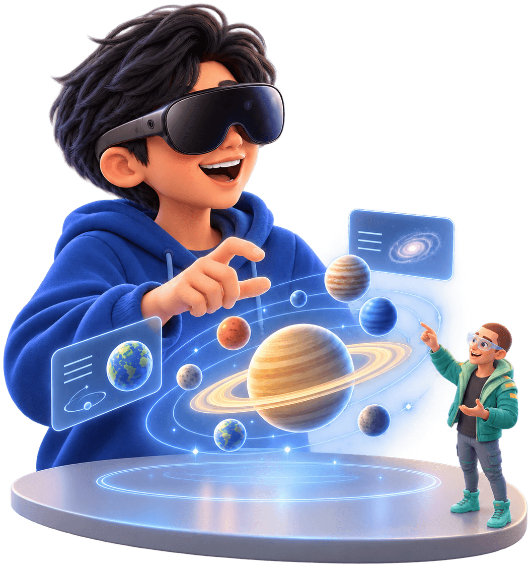A learner in a Meta Quest headset asks about the solar system while the AI teacher points out the planets in 3D