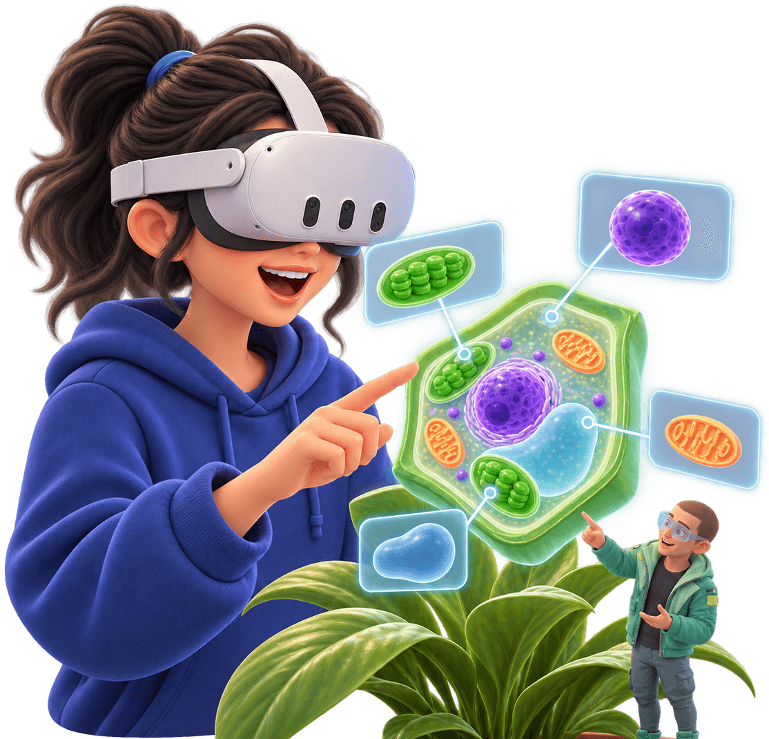 A learner in a Meta Quest headset explores a 3D plant cell rising from a real houseplant, with the AI teacher beside it